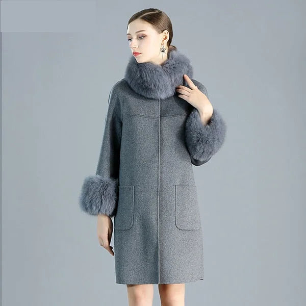 Women's Slim Fashion Solid Cashmere Genuine Fox Fur Collar Winter Jacket