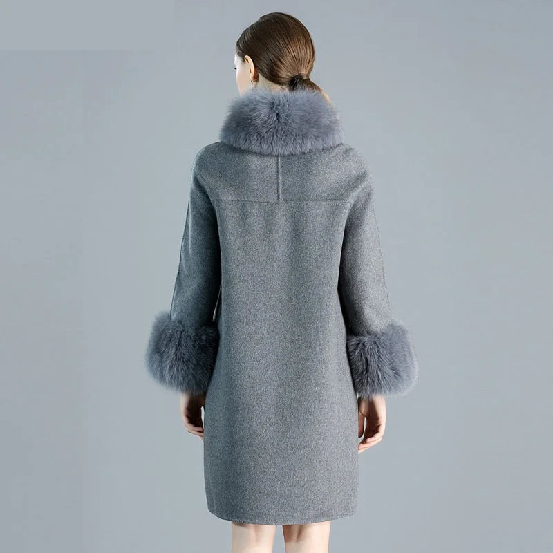 Women's Slim Fashion Solid Cashmere Genuine Fox Fur Collar Winter Jacket