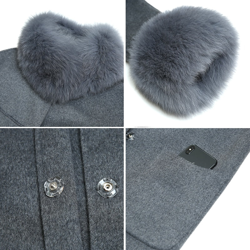 Women's Slim Fashion Solid Cashmere Genuine Fox Fur Collar Winter Jacket