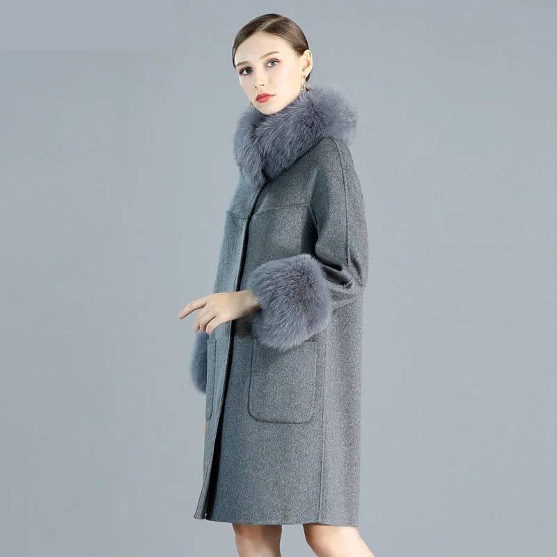 Women's Slim Fashion Solid Cashmere Genuine Fox Fur Collar Winter Jacket