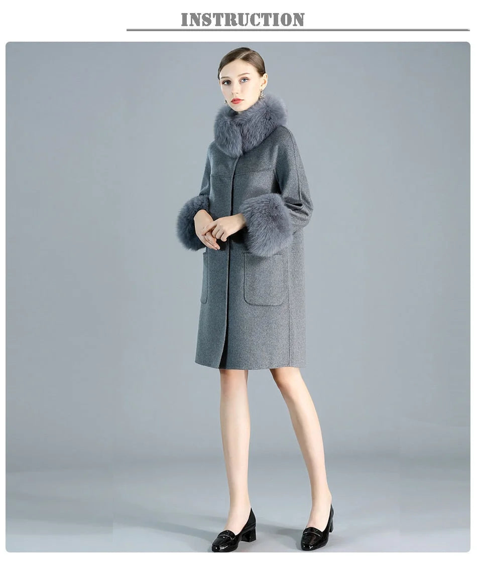 Women's Slim Fashion Solid Cashmere Genuine Fox Fur Collar Winter Jacket