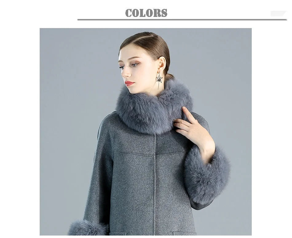 Women's Slim Fashion Solid Cashmere Genuine Fox Fur Collar Winter Jacket