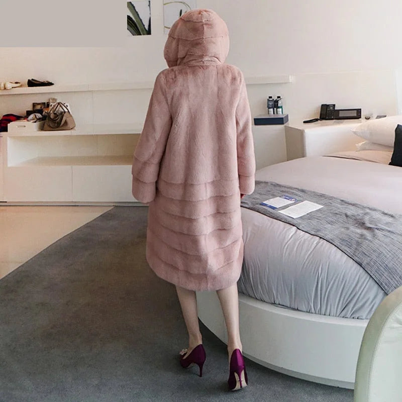 Women's Winter Fashion Multiple Color Real Mink Long Jackets with Hat