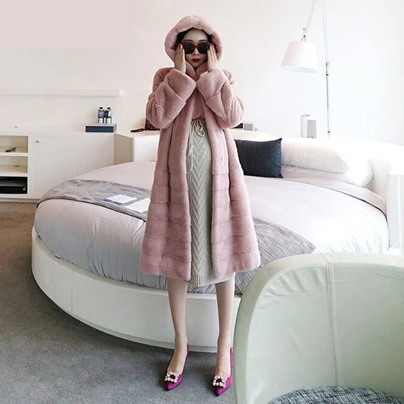 Women's Winter Fashion Multiple Color Real Mink Long Jackets with Hat