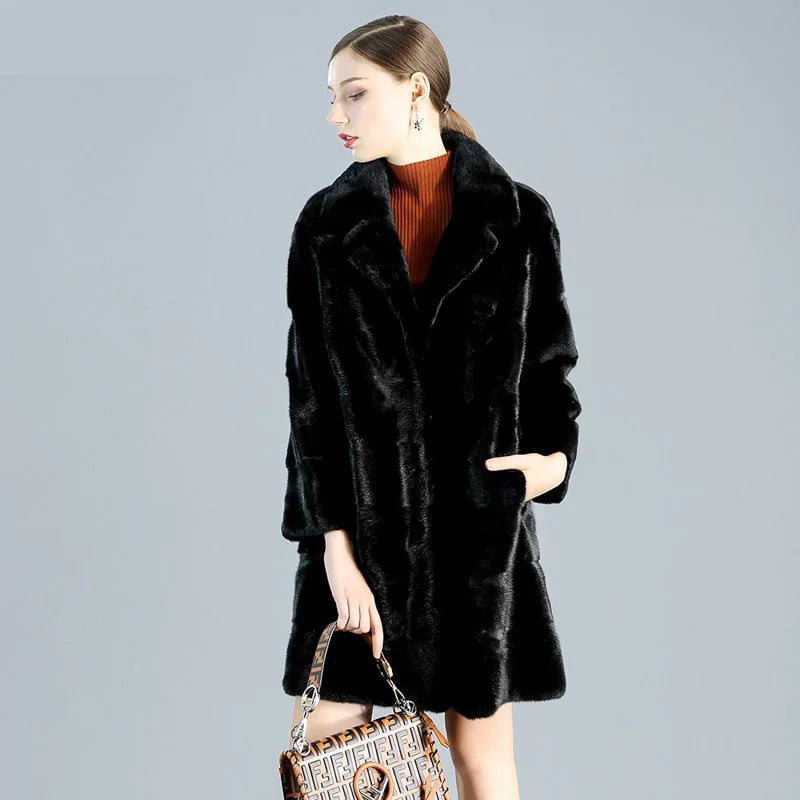 Women's Winter Natural Mink Fur Casual Leisure Style Long Slim Jacket