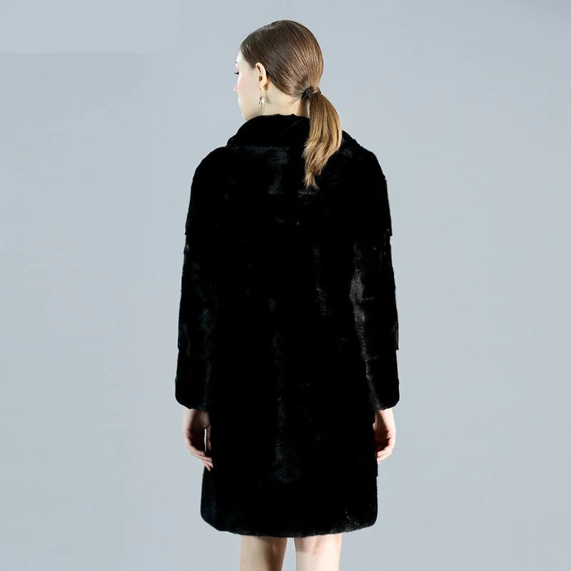 Women's Winter Natural Mink Fur Casual Leisure Style Long Slim Jacket