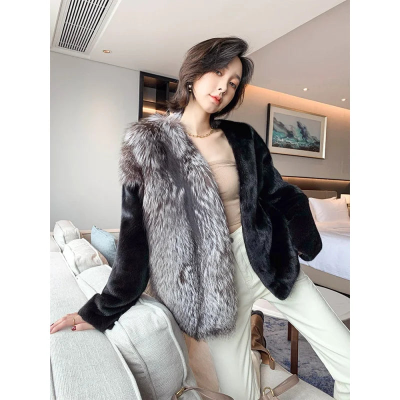 Women's Winter Natural Mink Fur Full Pelt Lantern Sleeves Hooded Jacket