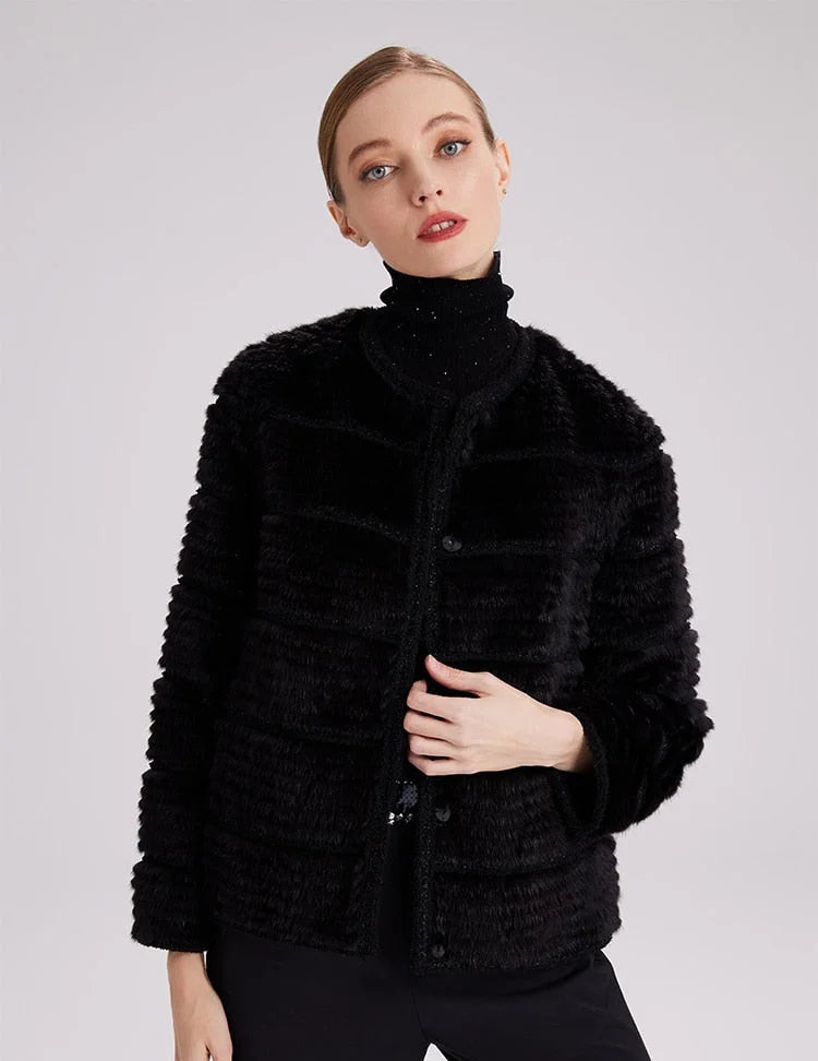 Women's Winter Real Mink Fur Genuine Leather Knitted Jackets Outerwear