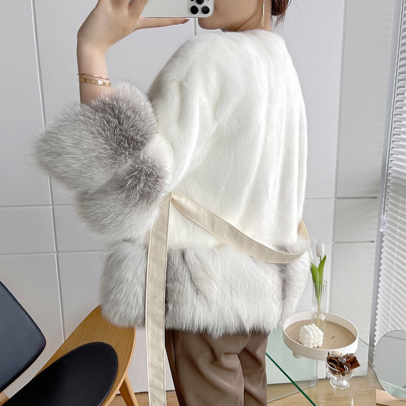 Women's Winter Warm Natural Mink Fox Fur Full Sleeves Short Jackets