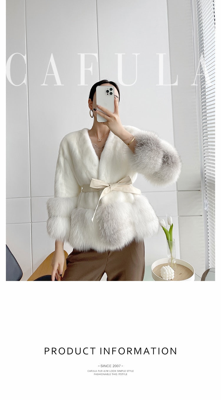 Women's Winter Warm Natural Mink Fox Fur Full Sleeves Short Jackets