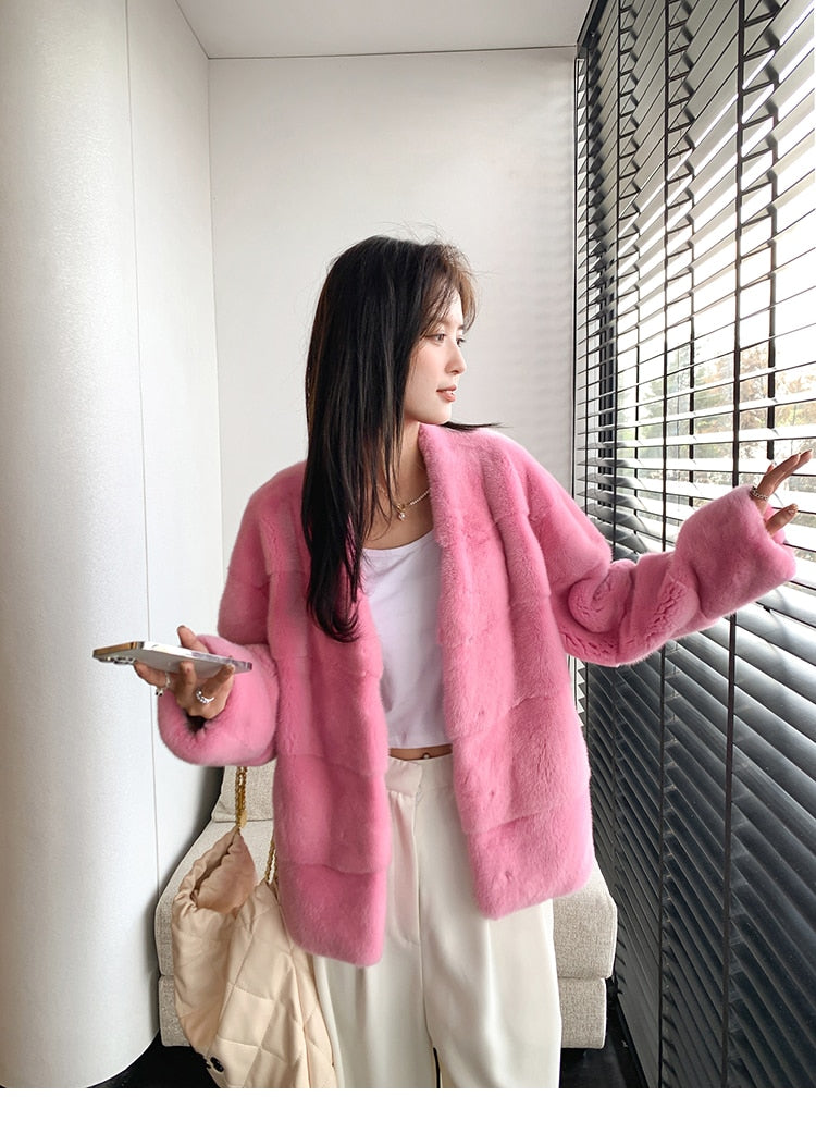 Women's Winter Warm Natural Mink Fur Mandarin Collar Double-faced Jacket