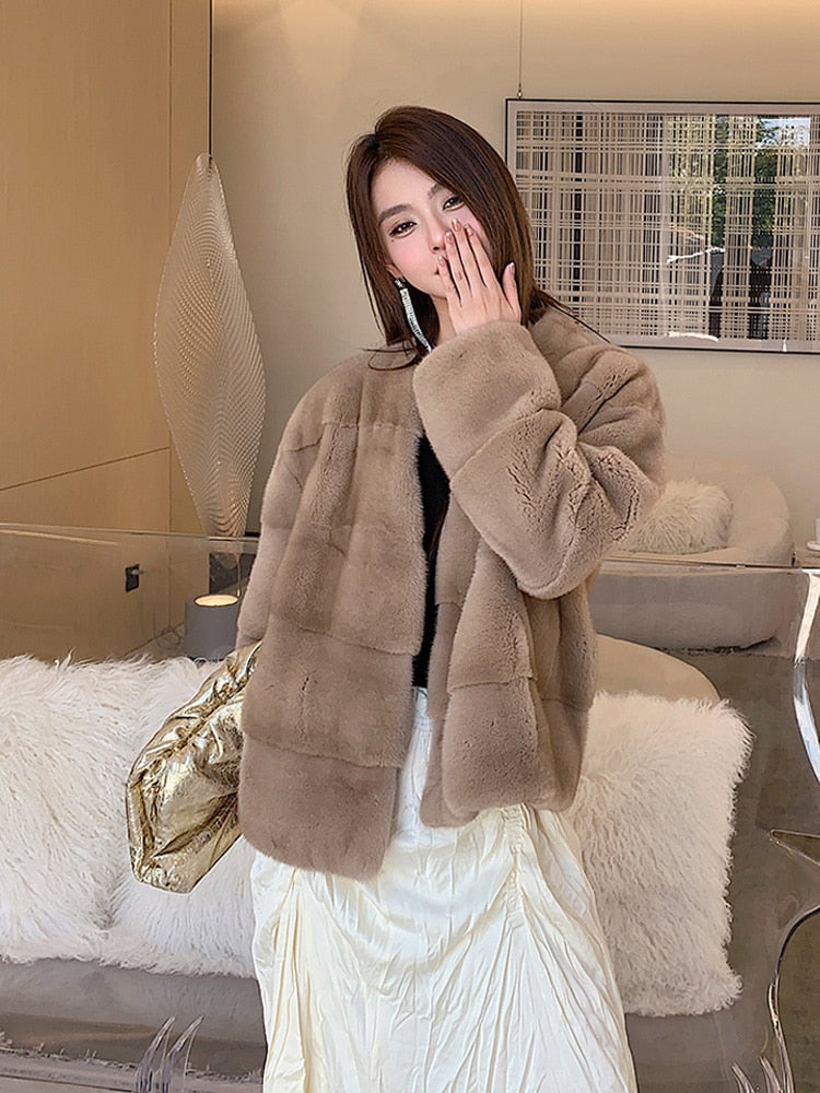 Women's Winter Warm Natural Mink Fur Mandarin Collar Double-faced Jacket