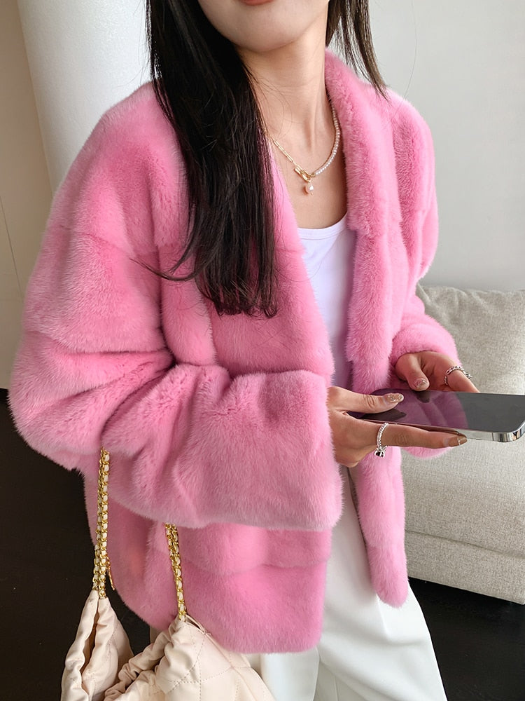 Women's Winter Warm Natural Mink Fur Mandarin Collar Double-faced Jacket