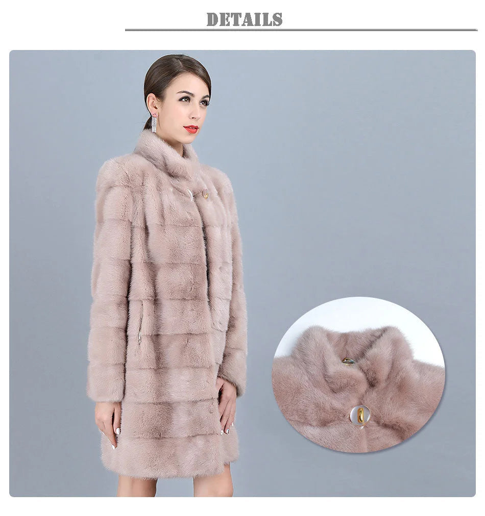 Women's Winter Warm Natural Mink Fur Striped Pattern Long Thick Jacket