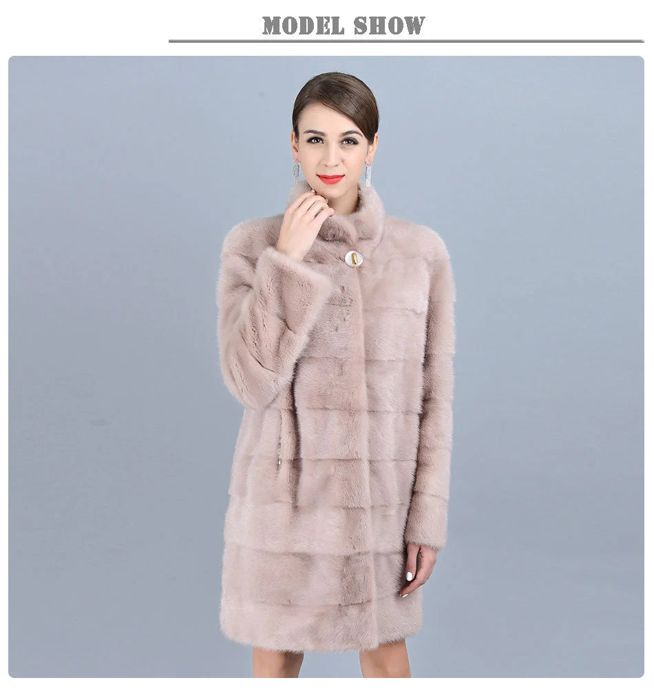 Women's Winter Warm Natural Mink Fur Striped Pattern Long Thick Jacket