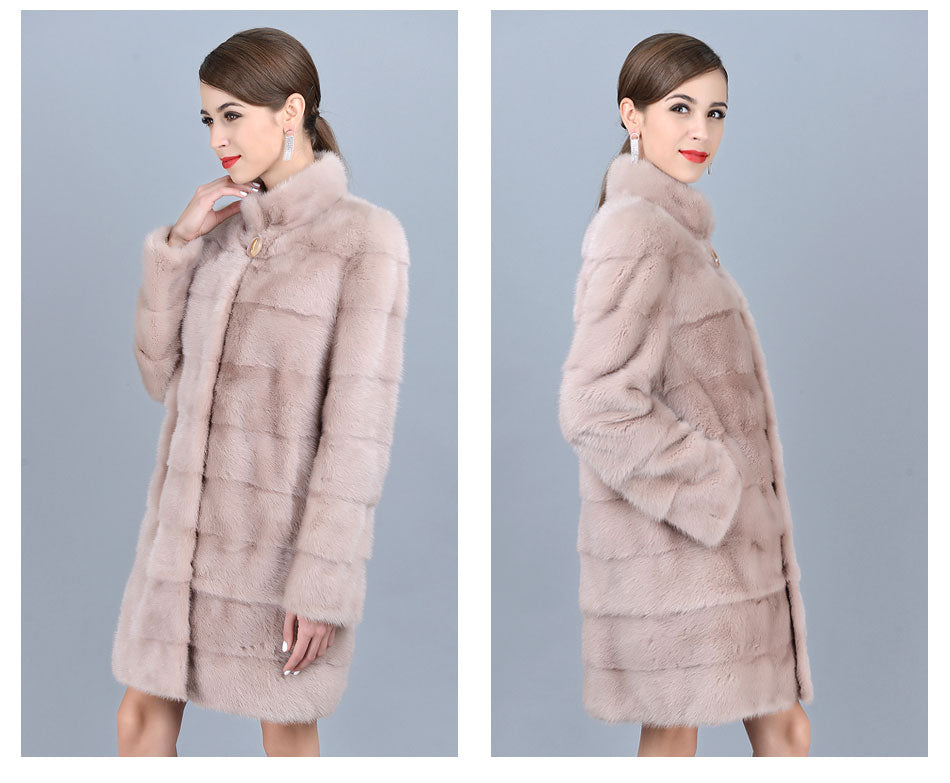 Women's Winter Warm Natural Mink Fur Striped Pattern Long Thick Jacket