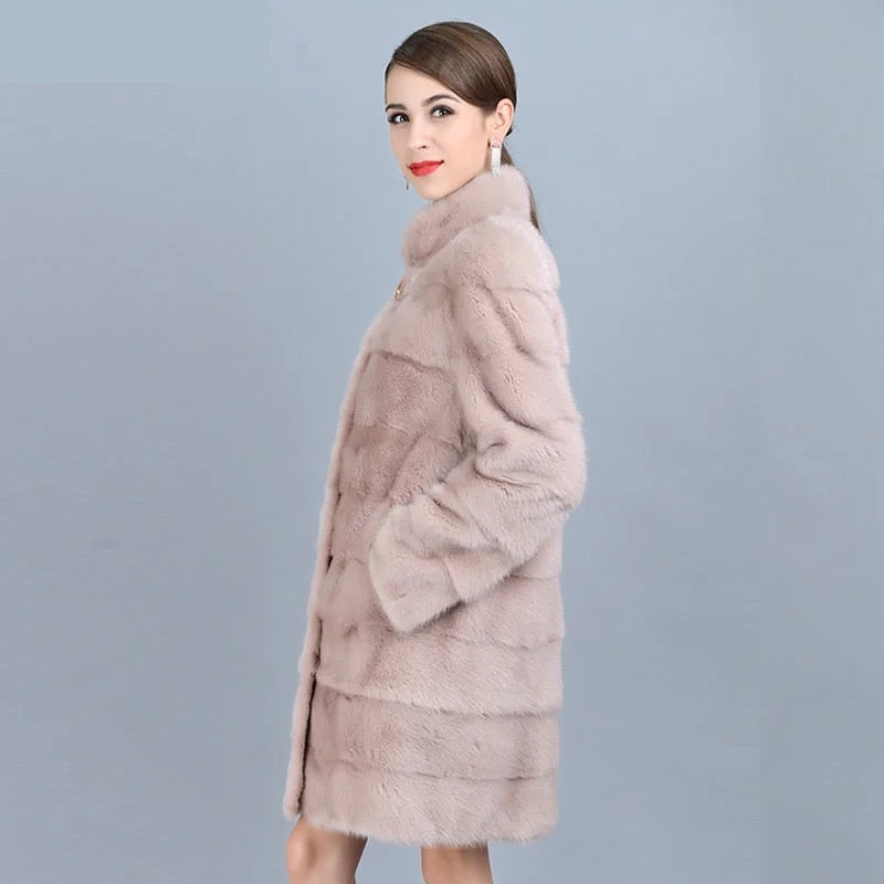 Women's Winter Warm Natural Mink Fur Striped Pattern Long Thick Jacket