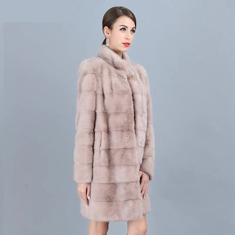 Women's Winter Warm Natural Mink Fur Striped Pattern Long Thick Jacket