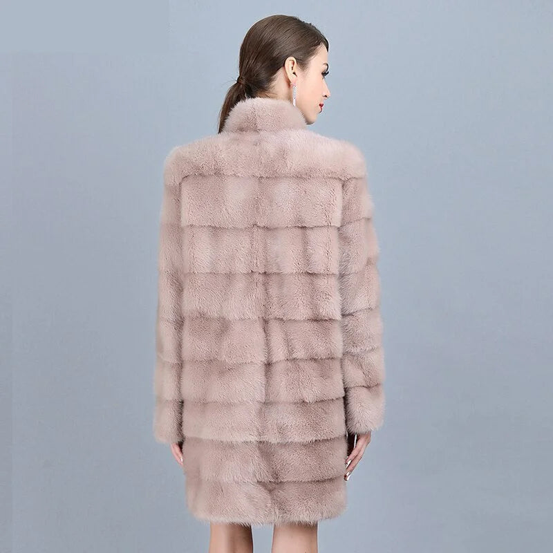 Women's Winter Warm Natural Mink Fur Striped Pattern Long Thick Jacket