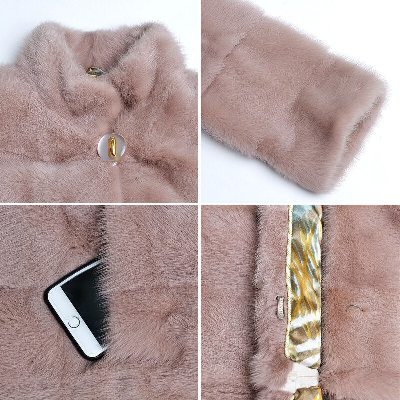 Women's Winter Warm Natural Mink Fur Striped Pattern Long Thick Jacket