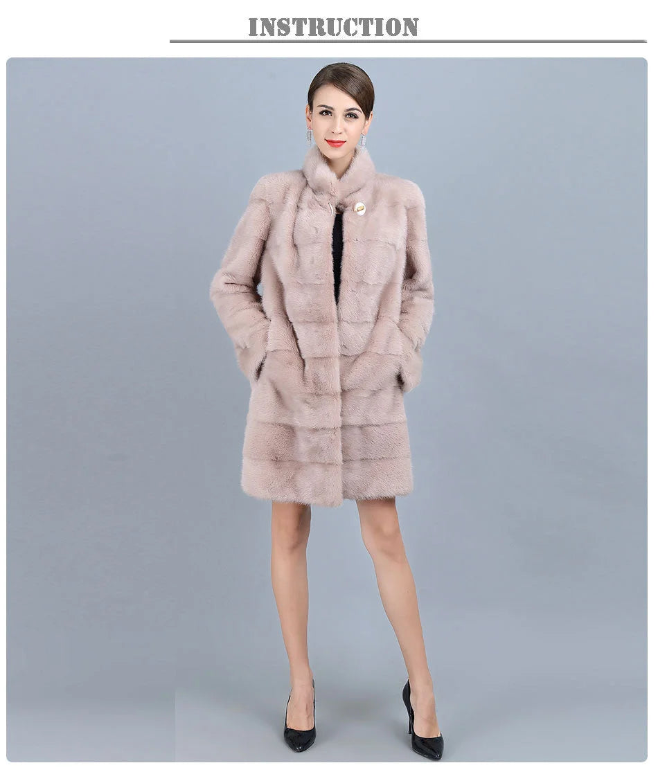 Women's Winter Warm Natural Mink Fur Striped Pattern Long Thick Jacket