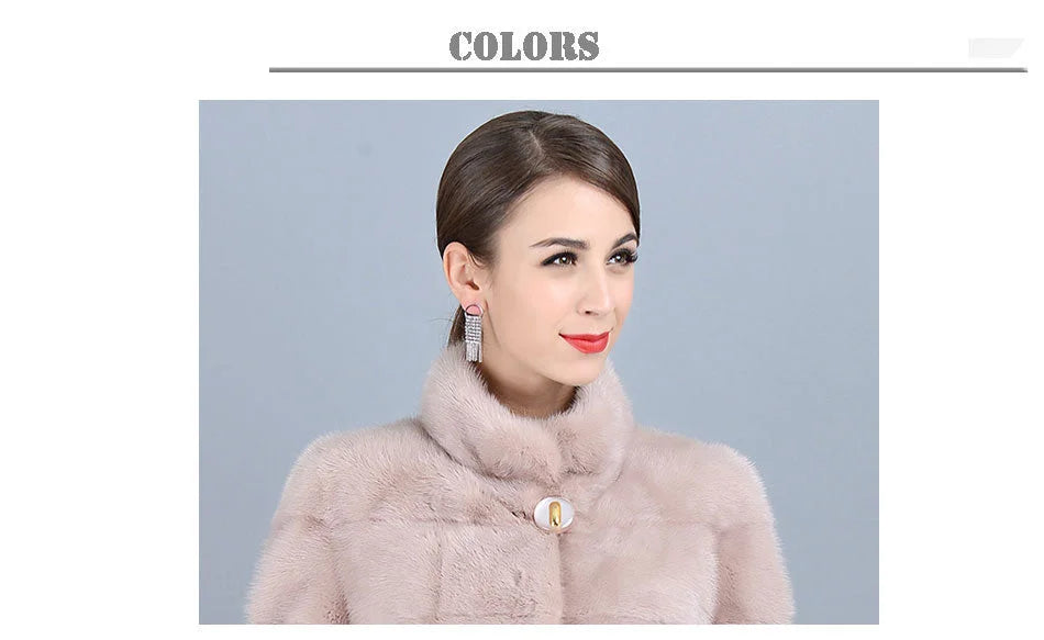 Women's Winter Warm Natural Mink Fur Striped Pattern Long Thick Jacket