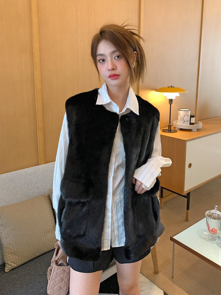 Women's Winter Warm Real Mink Fur Vast Full Pelt Lantern Sleeves Jacket