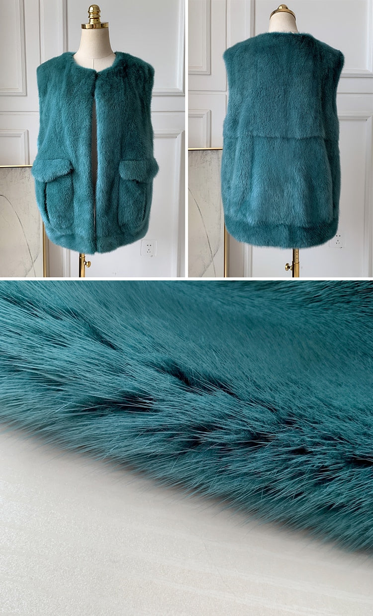 Women's Winter Warm Real Mink Fur Vast Full Pelt Lantern Sleeves Jacket